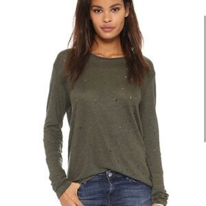 IRO Marvina Linen Distressed Long Sleeve Top Olive Green